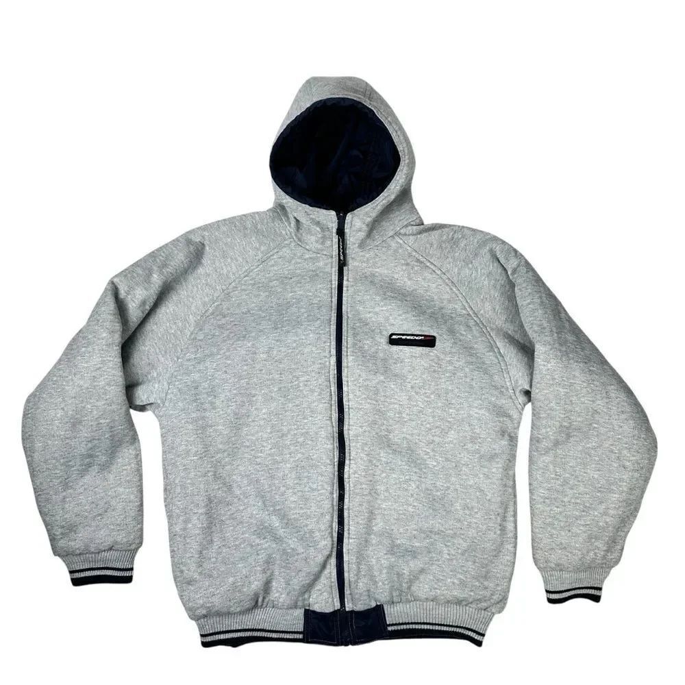 Speedo Jacket Mens Small Blue Gray Windbreaker Fleece Reversible Bomber Hooded